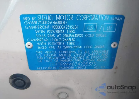 2007 Suzuki Grand Vitara Xsport из США, поврежденный, VIN JS3TE944874205375